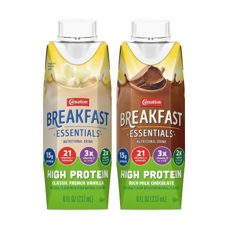 Carnation Breakfast Essentials® High Protein Instant Breakfast Shake bottles in Chocolate and Vanilla flavors